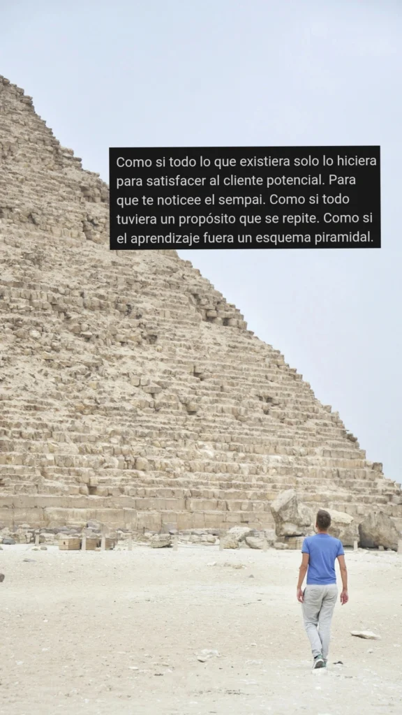 Como si todo lo que existiera solo lo hiciera para satisfacer al cliente potencial. Para que te noticee el sempai. Como si todo tuviera un propósito que se repite. Como si el aprendizaje fuera un esquema piramidal.