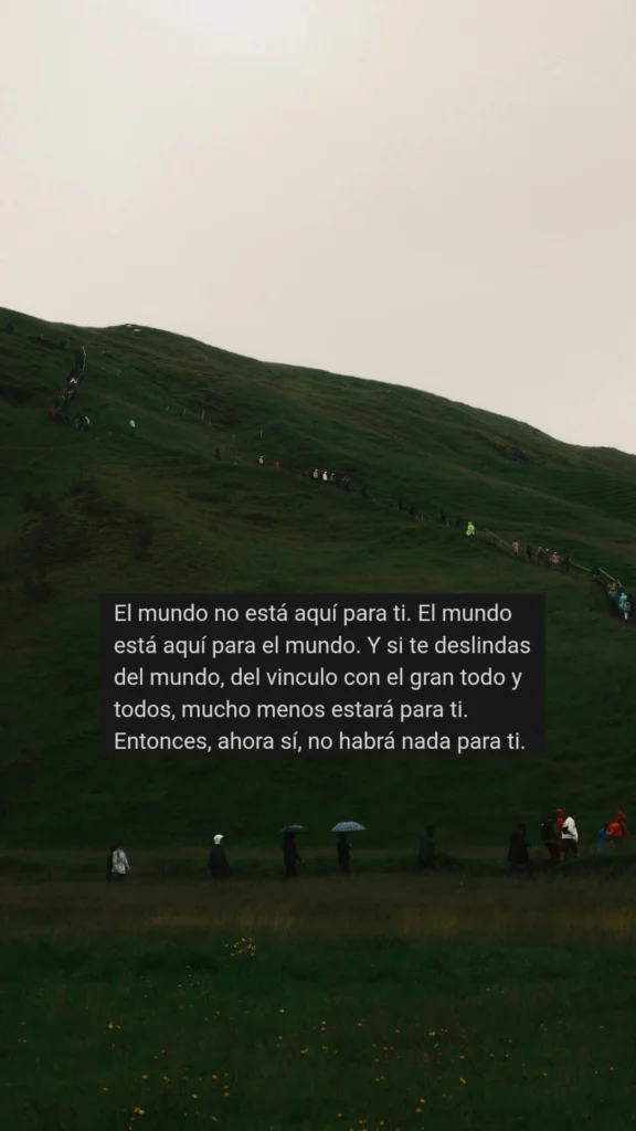 El mundo no está aquí para ti. El mundo está aquí para el mundo. Y si te deslindas del mundo, del vinculo con el gran todo y todos, mucho menos estará para ti. Entonces, ahora sí, no habrá nada para ti.